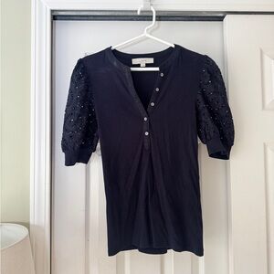 LOFT Black Blouse with Eyelet Puff Sleeves